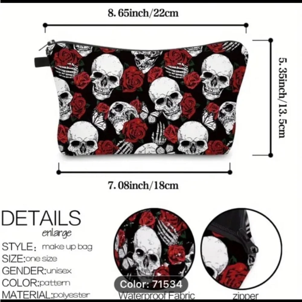 New! 3D Printed Skull And Rose Pattern Cosmetic Bag, Waterproof Makeup Pouch